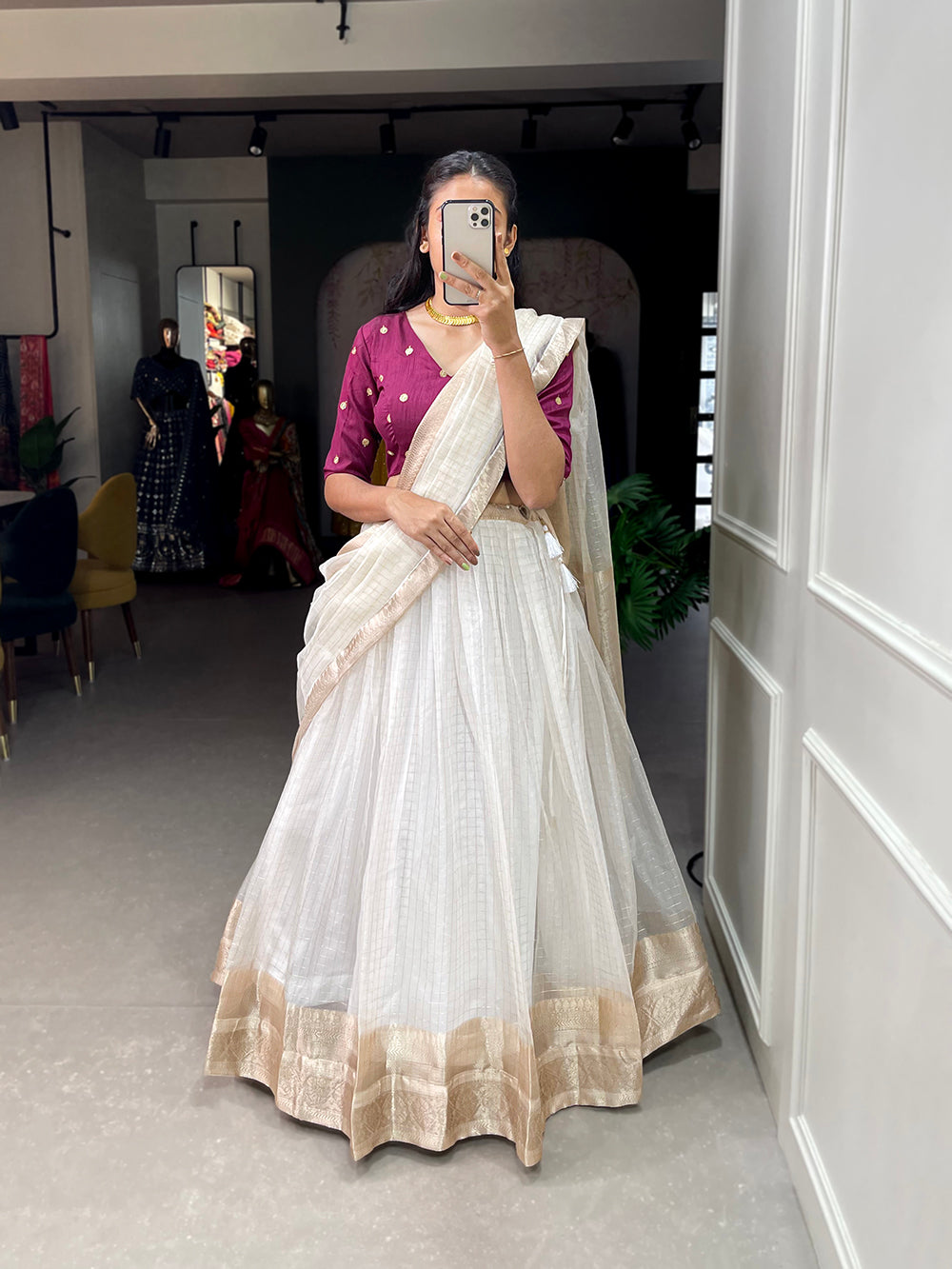 White Color Zari Weaving Work Organza Lehenga Choli ClothsVilla.com