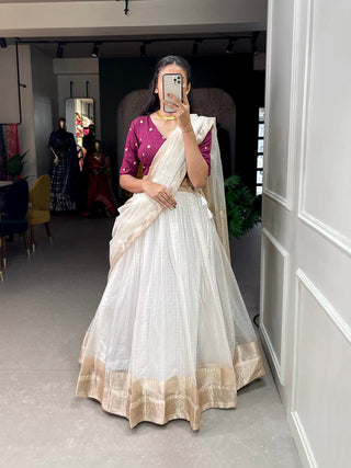 White Color Zari Weaving Work Organza Lehenga Choli ClothsVilla.com