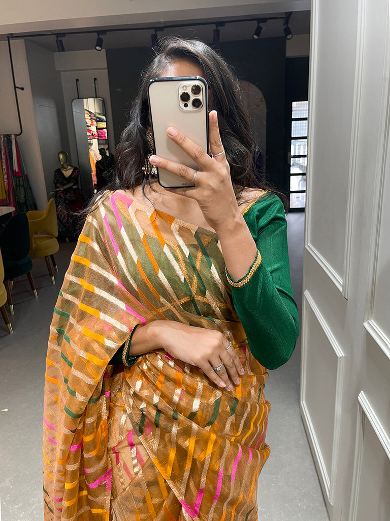 Chiku Color Zari Weaving Work Organza Saree Clothsvilla