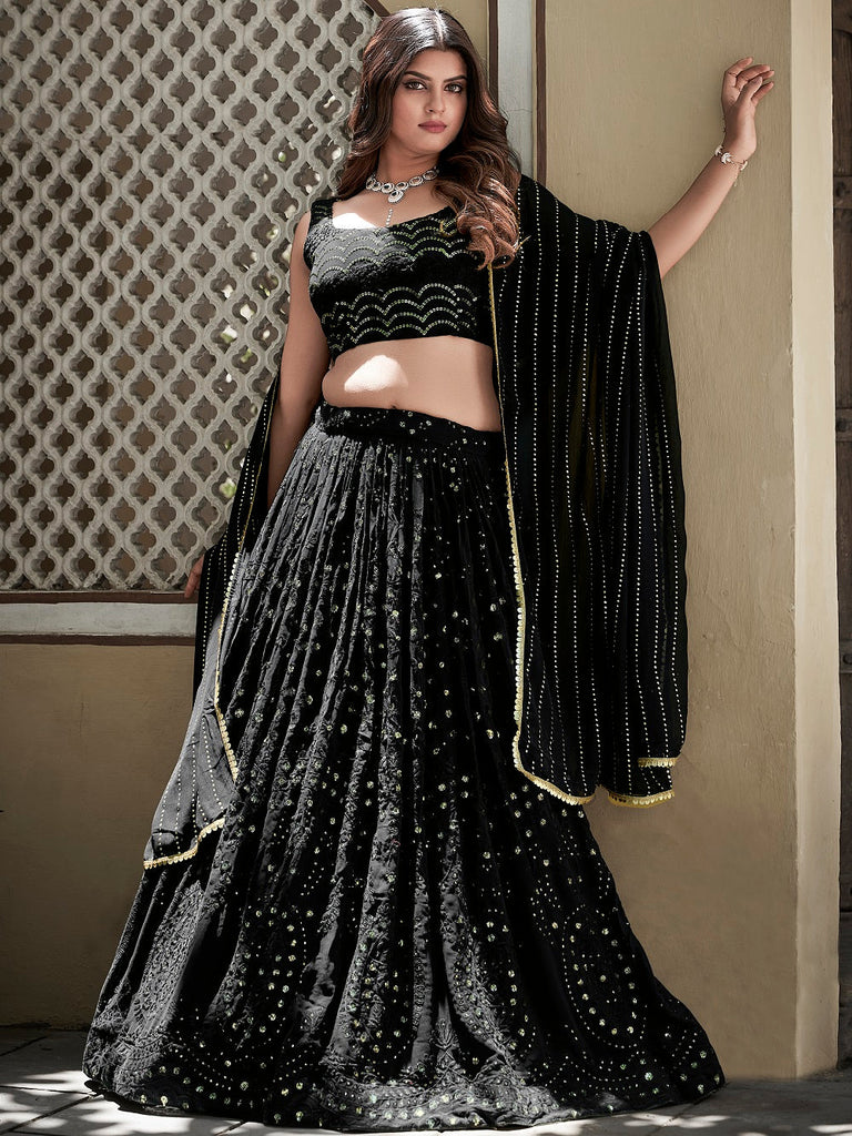 Black Color Lucknowi Thread & Sequins Embroidery Work Georgette Lehenga Choli ClothsVilla.com