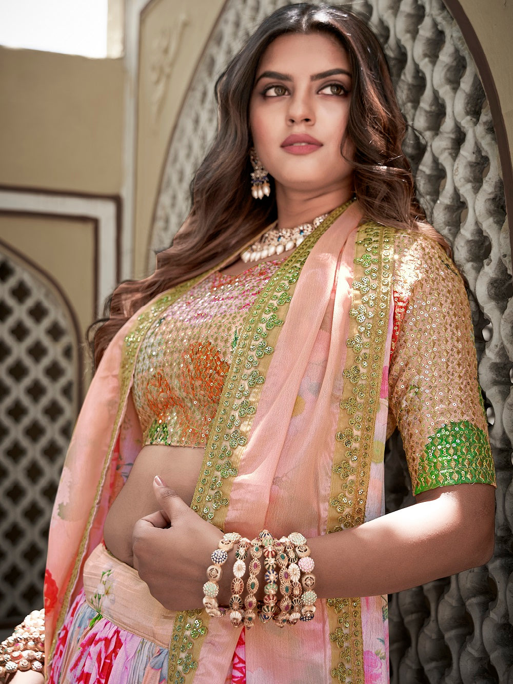 Peach Color Digital Print With Sequins Embroidery Work Crushed Chinon Lehenga Choli ClothsVilla.com