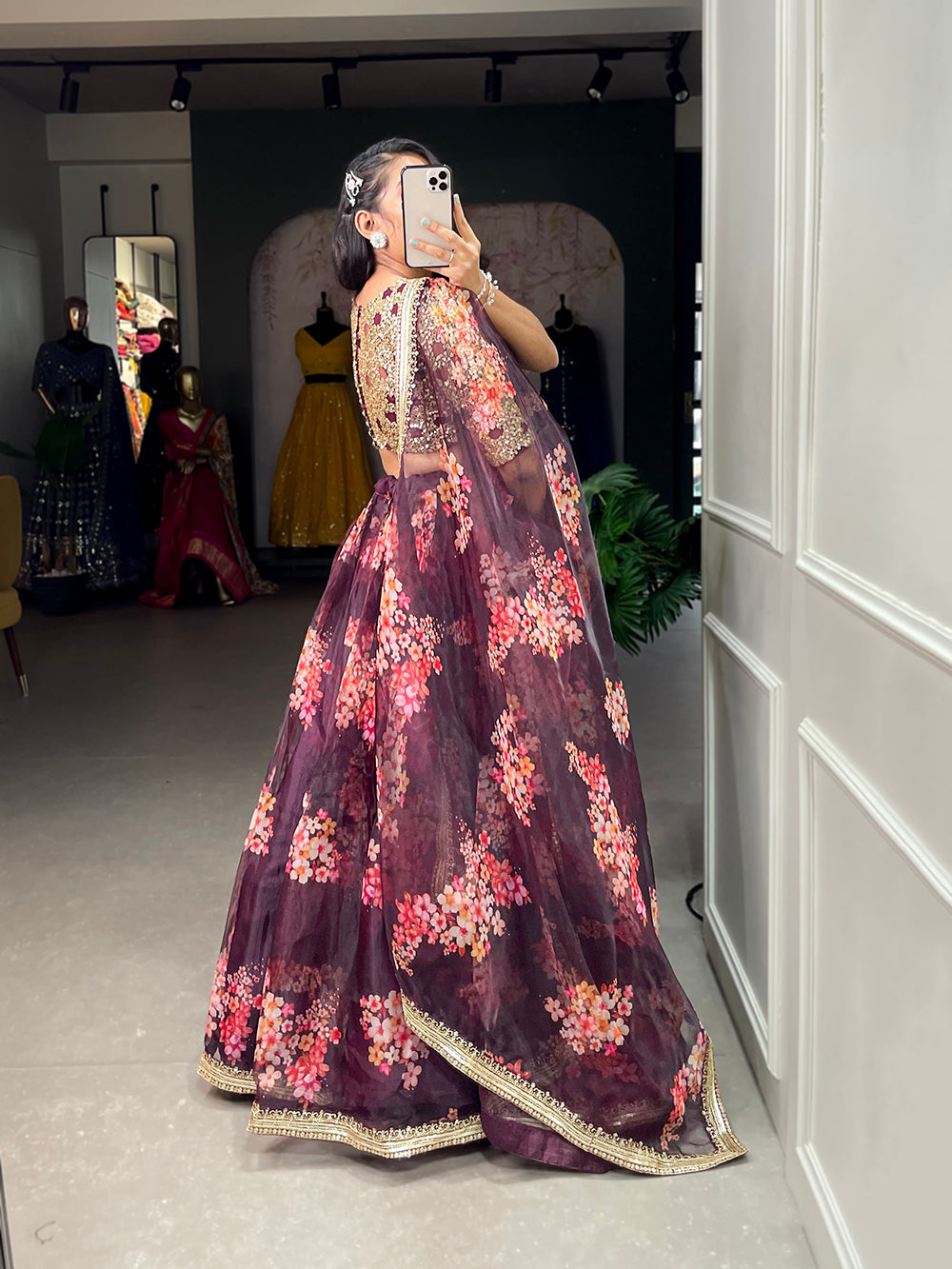 Wine Color Printed And Sequins Embroidery Lace Border Organza Lehenga Choli ClothsVilla.com