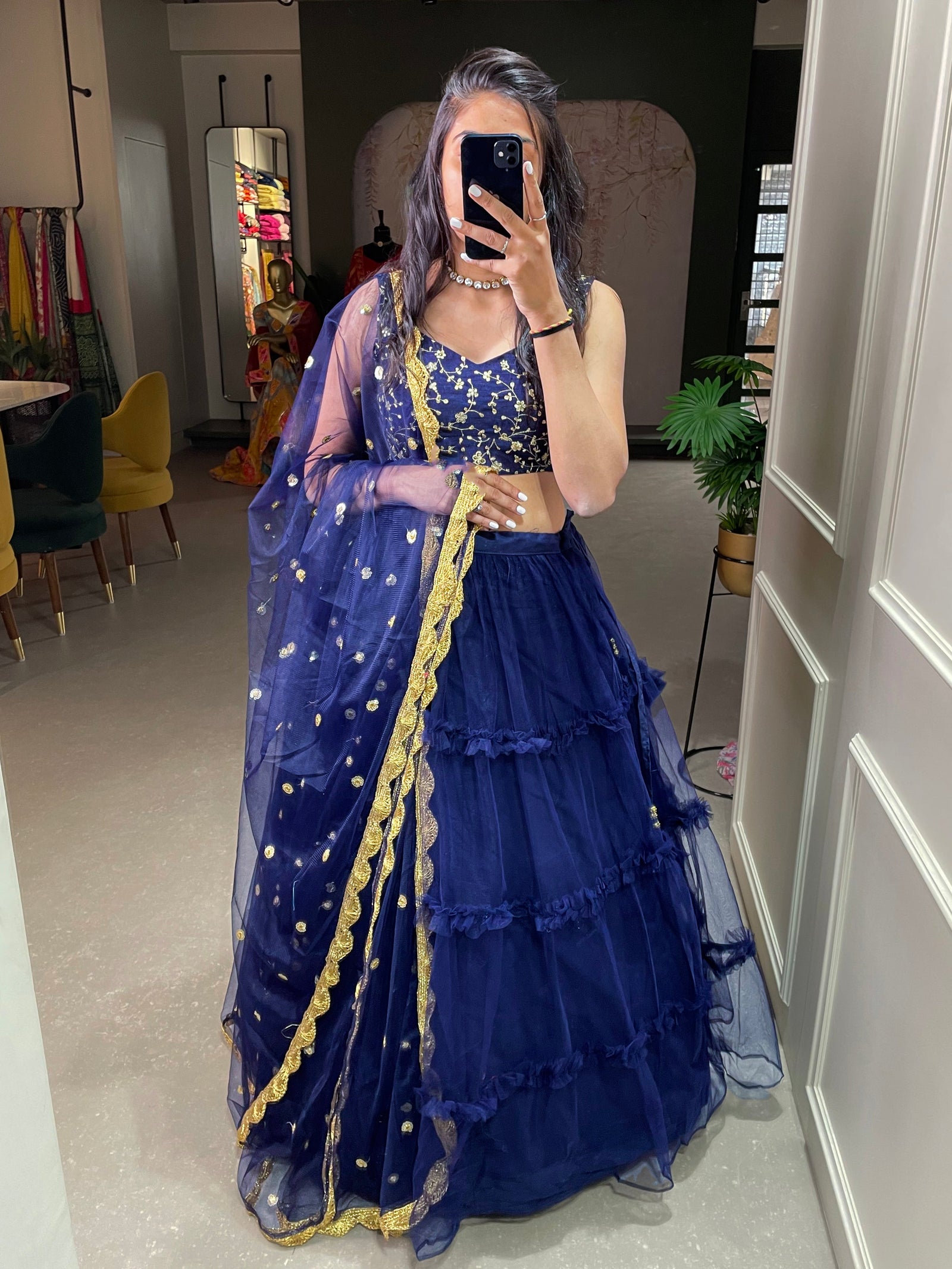 Navy Blue Color Plain net Lehenga Choli Clothsvilla