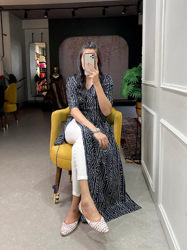 Navy Blue Color Foil and Printed Pure Cotton Kurti Clothsvilla