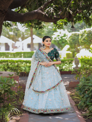 Sky Blue Color Thread Embroidery Work With Lace Border Organza Lehenga Choli ClothsVilla.com