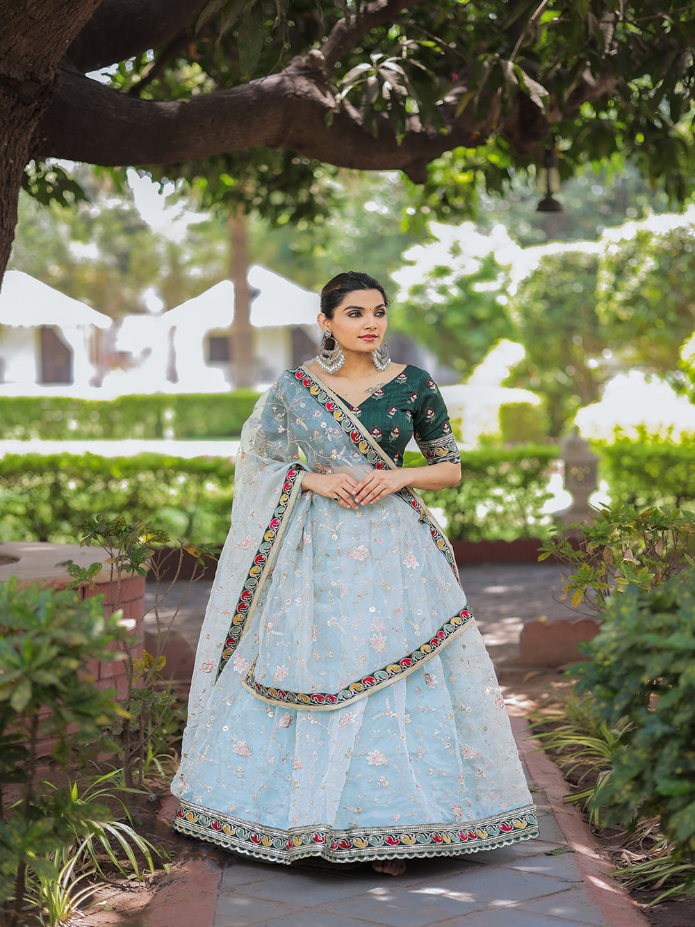 Sky Blue Color Thread Embroidery Work With Lace Border Organza Lehenga Choli ClothsVilla.com
