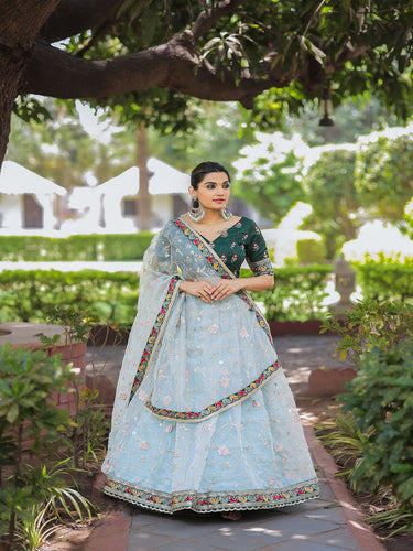 Sky Blue Color Thread Embroidery Work With Lace Border Organza Lehenga Choli ClothsVilla.com