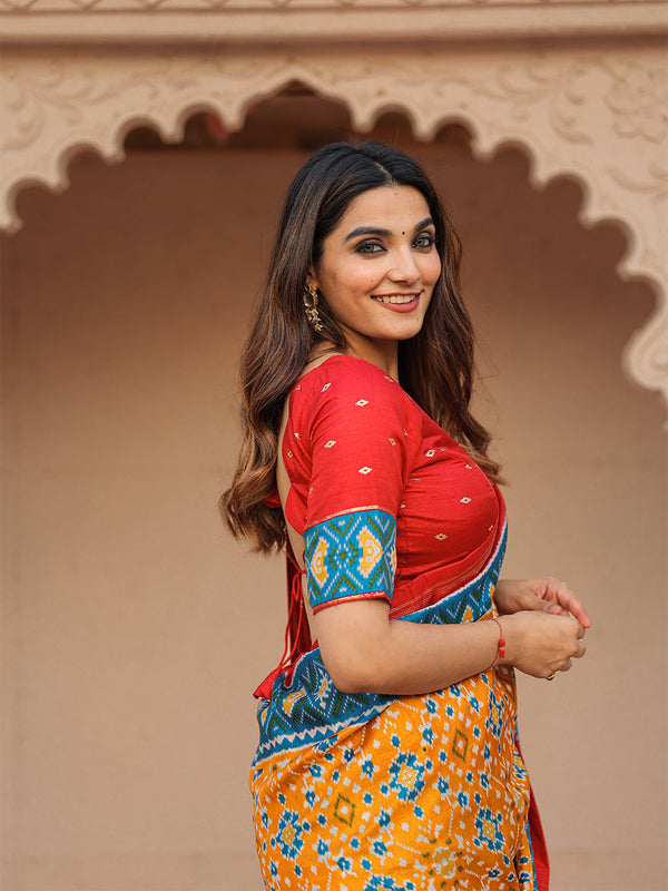 Mustard Color Patola with Foil Printed Dola Silk Saree Clothsvilla