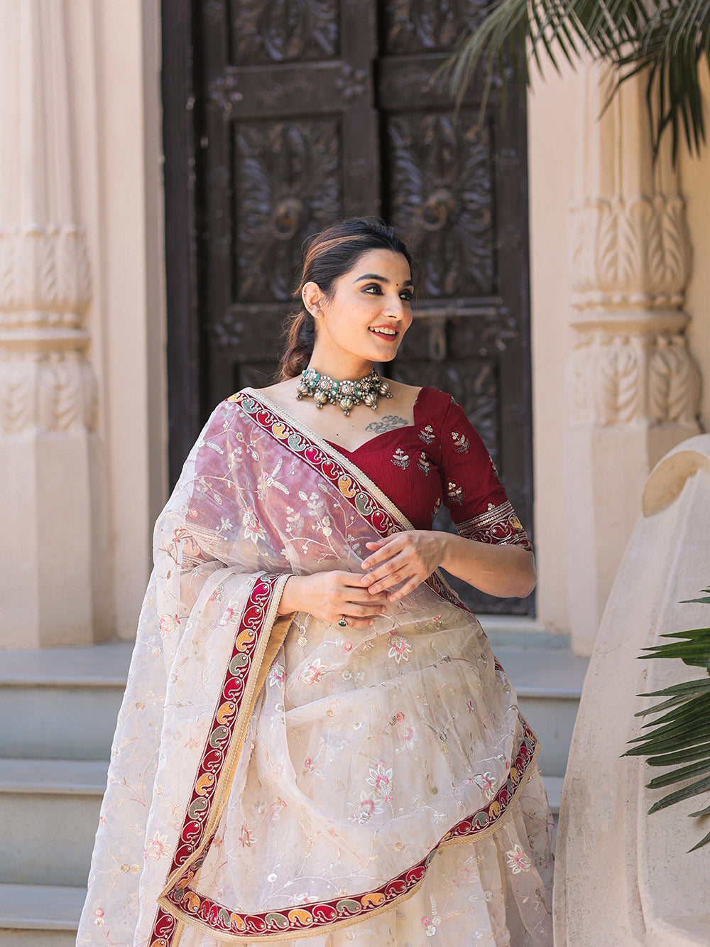 Off White Color Thread Embroidery Work With Lace Border Organza Lehenga Choli ClothsVilla.com