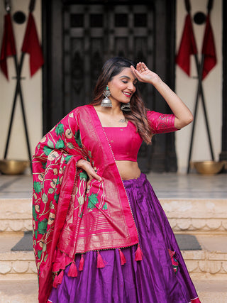 Purple Color Printed With Foil Work Dola Silk Lehenga Choli ClothsVilla.com