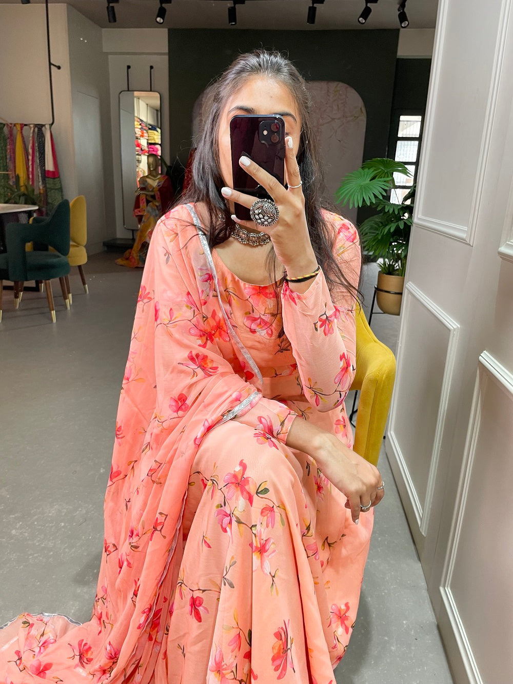 Peach Color Floral Printed Anarkali Style Chiffon Kurti Clothsvilla