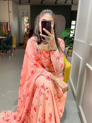 Peach Color Floral Printed Anarkali Style Chiffon Kurti Clothsvilla