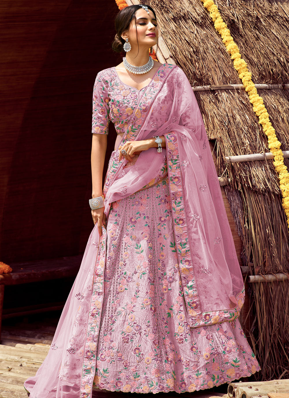 Pink Satin Mehndi Lehenga Choli Clothsvilla Main image