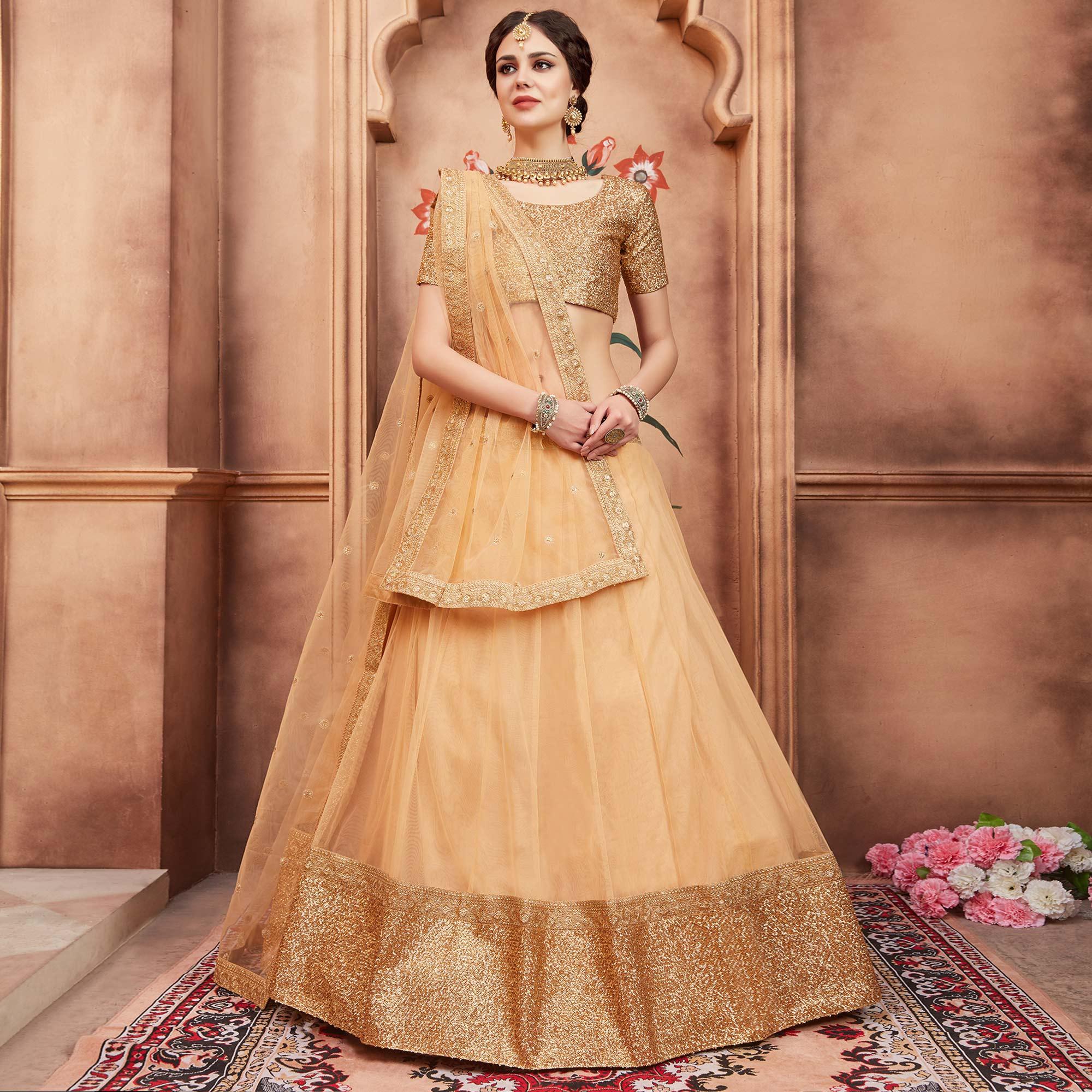Beige Festive Wear Sequins Dori Work Soft Net Lehenga Choli Clothsvilla Main image