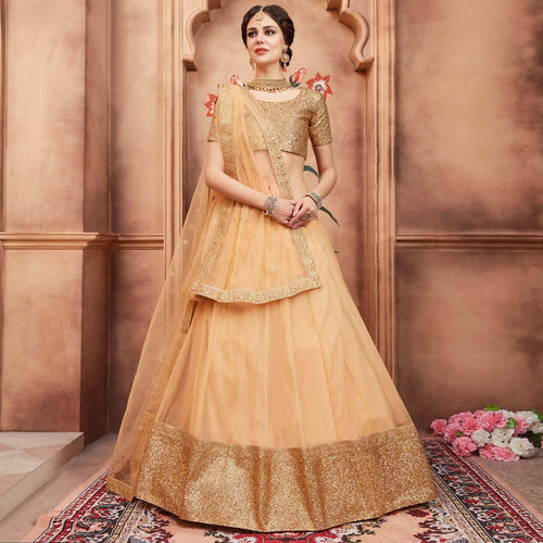 Beige Festive Wear Sequins Dori Work Soft Net Lehenga Choli Clothsvilla