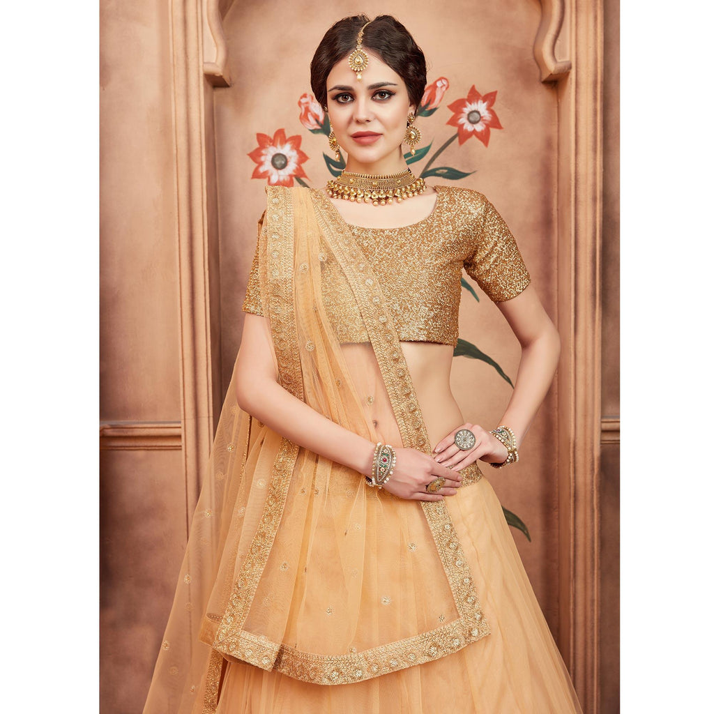 Beige Festive Wear Sequins Dori Work Soft Net Lehenga Choli Clothsvilla