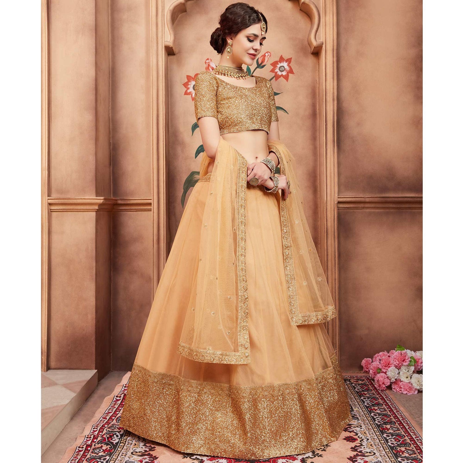 Beige Festive Wear Sequins Dori Work Soft Net Lehenga Choli Clothsvilla