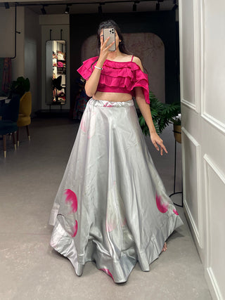 Grey Color Digital Print With Foil Work Zari Satin Co-ord Set Lehenga Choli ClothsVilla