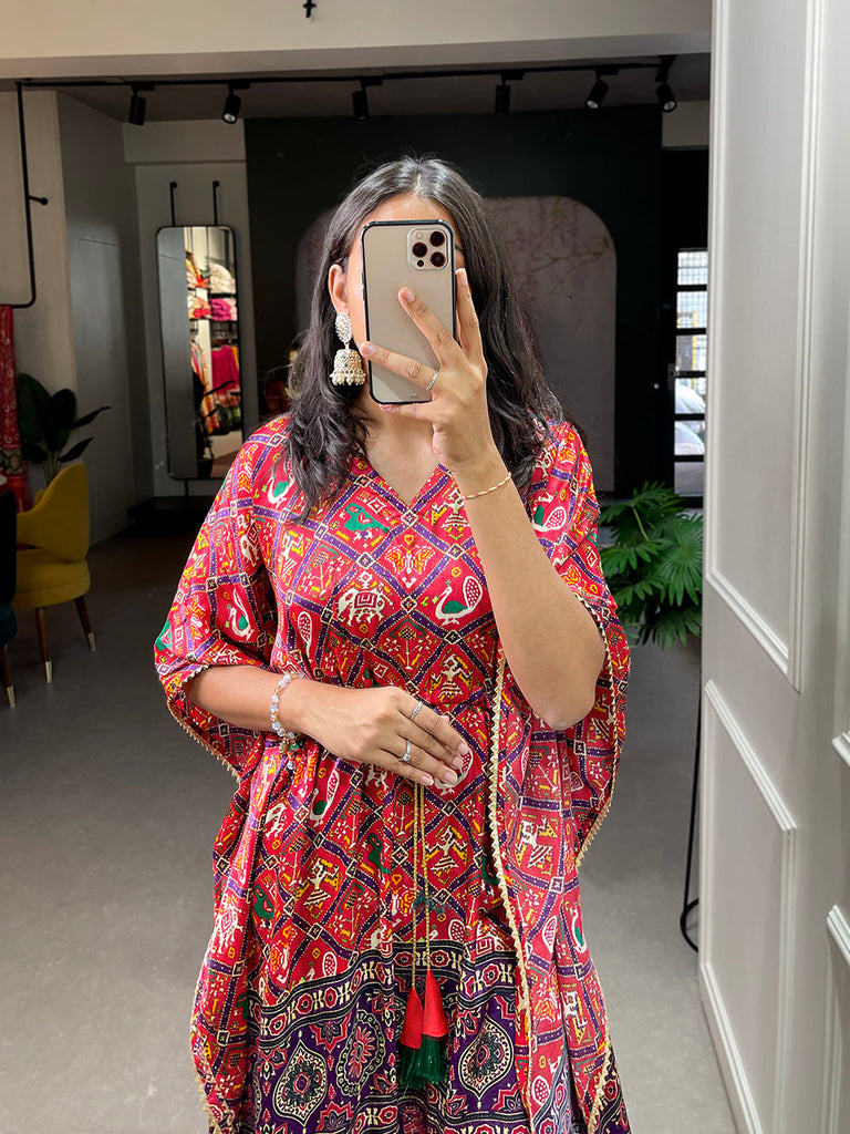 Wine Color Patola Printed Gaji Silk Kaftan ClothsVilla.com