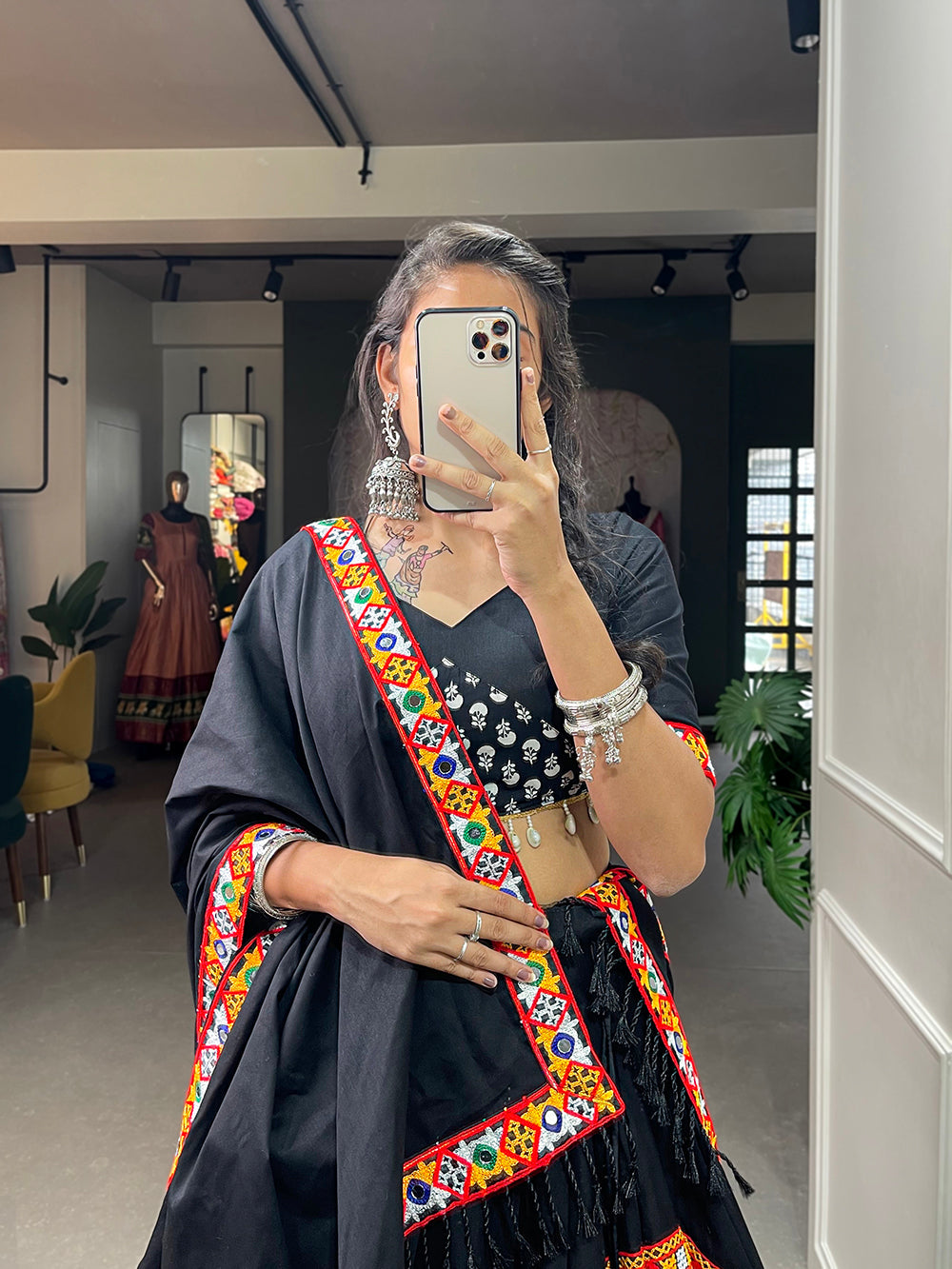 Black Color Printed With Gamthi Work Cotton Lehenga Choli ClothsVilla