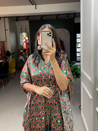 Green Color Ikkat Patola Printed Gaji Silk Kaftan ClothsVilla