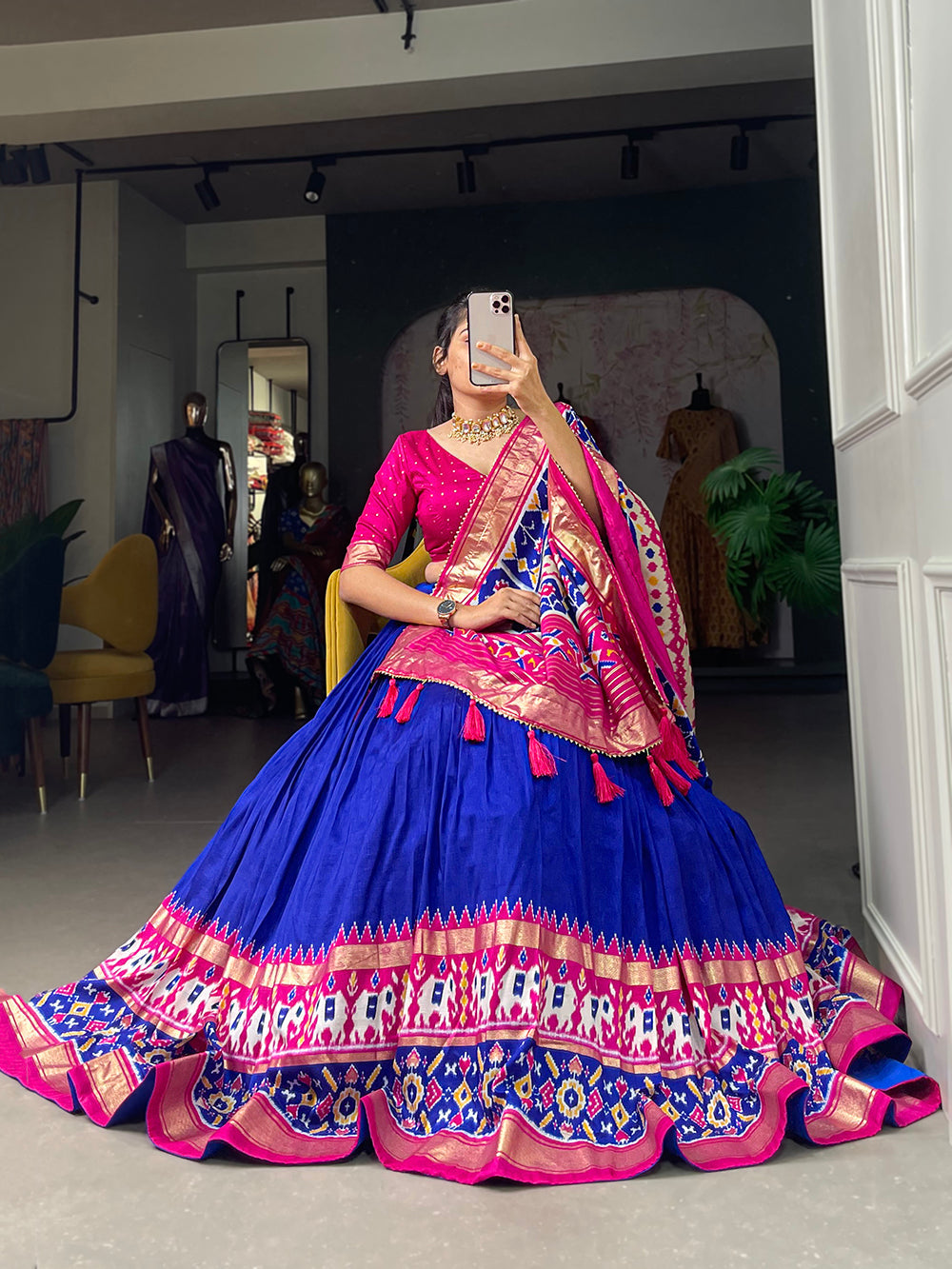 Royal Blue Color Ikkat Patola Print With Foil Work Tussar Silk Lehenga Choli ClothsVilla