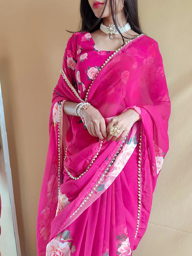 Pink Color Printed With Peral Lace Border Georgette Trending Saree Clothsvilla