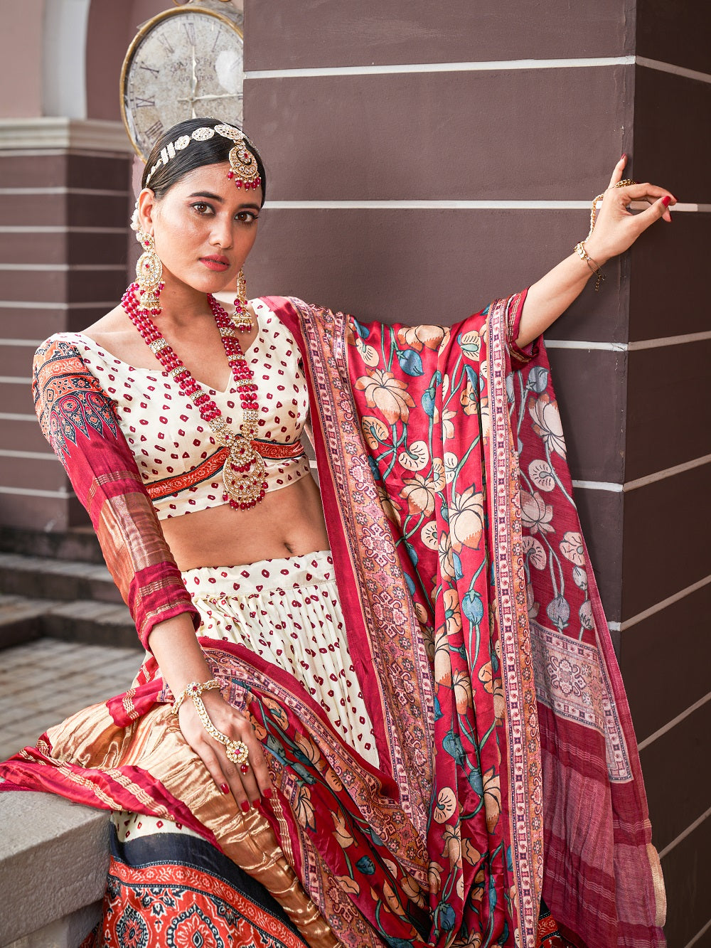 Cream Color Digital Printed Pure Gaji Silk Lehenga Choli Clothsvilla