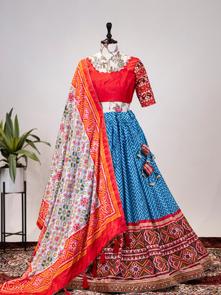 Blue Color Leheriya Patola Print Chinon Lehenga Choli Clothsvilla