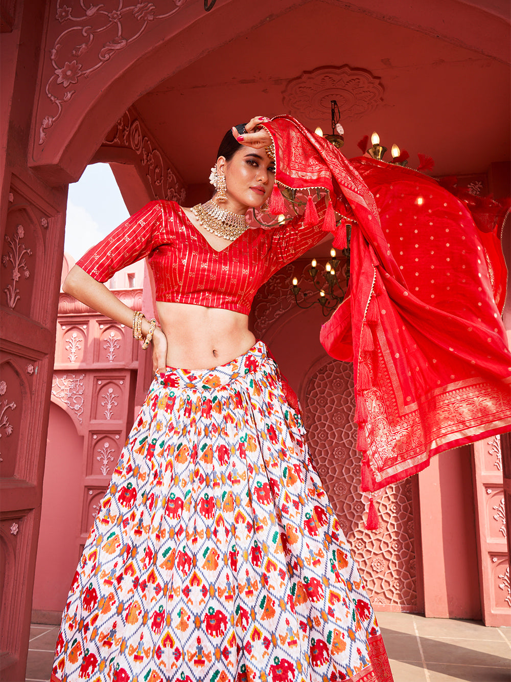 Red Color Haydrabadi Patola Printed Dola Silk Lehenga Choli Clothsvilla