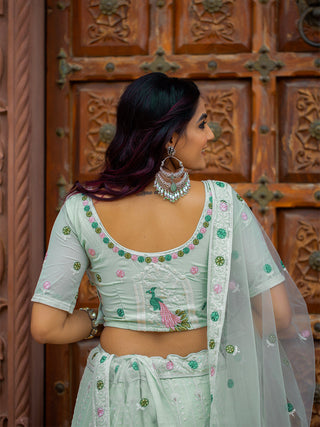 Pista Color Lucknowi Work Georgette Lehenga Choli Clothsvilla
