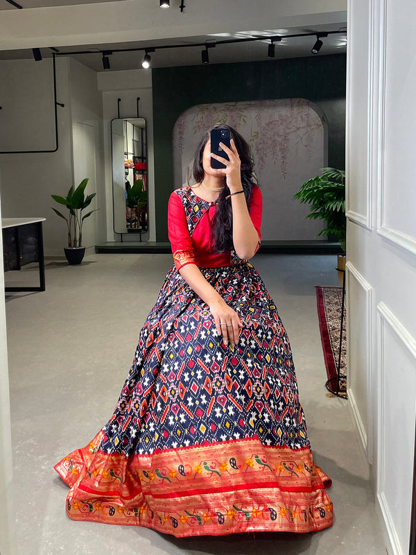 Navy blue Color Patola Paithani Printed And Foil Printed Silk Gown Clothsvilla