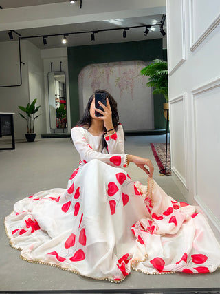 White Color Digital Printed Tabby Silk Gown Clothsvilla