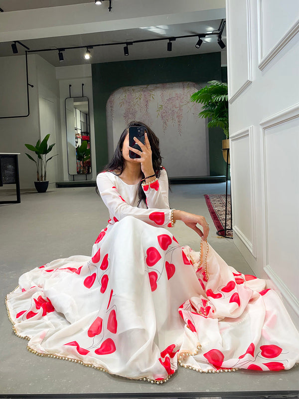 White Color Digital Printed Tabby Silk Gown Clothsvilla