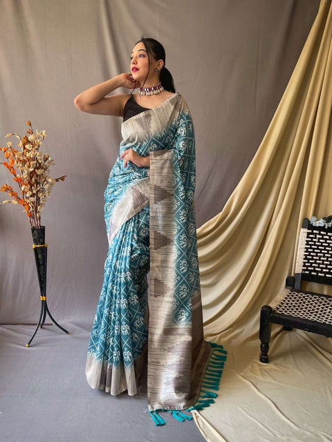 Cotton Silk Patola Printed Temple Woven Saree Silk Blue Clothsvilla Main image