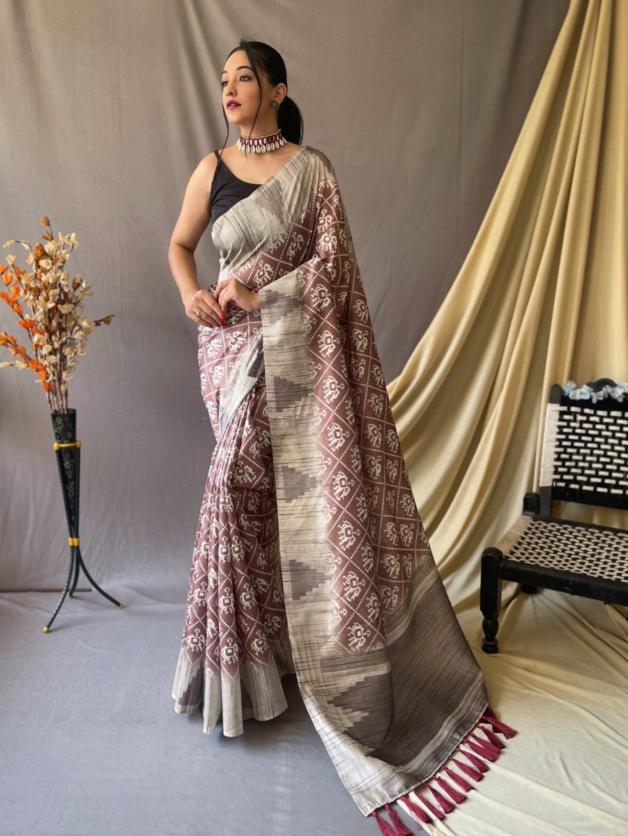 Cotton Silk Patola Printed Temple Woven Saree Pastel Brown Clothsvilla