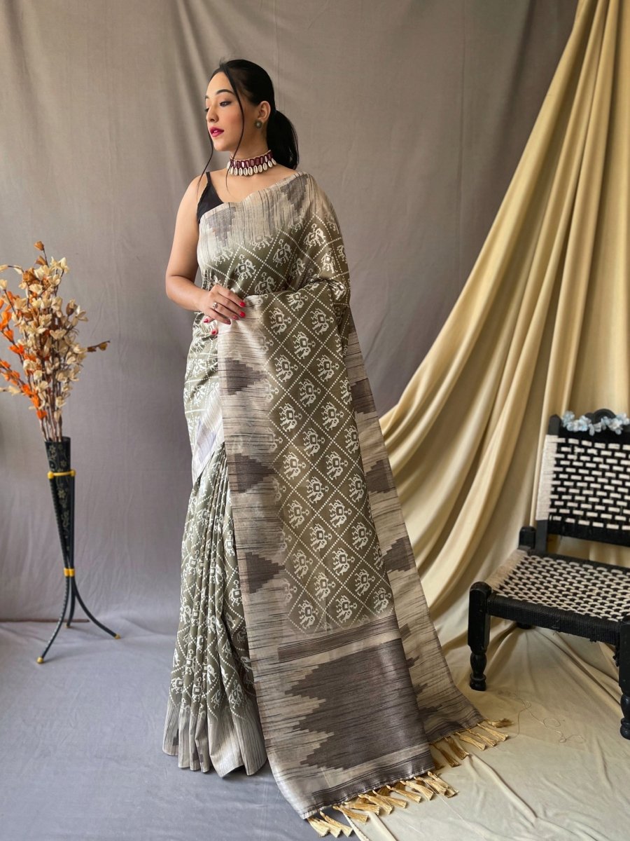 Cotton Silk Patola Printed Temple Woven Saree Crocodile Green Clothsvilla