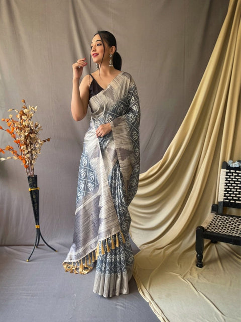 Cotton Silk Patola Printed Temple Woven Saree Bluish Grey Clothsvilla Main image