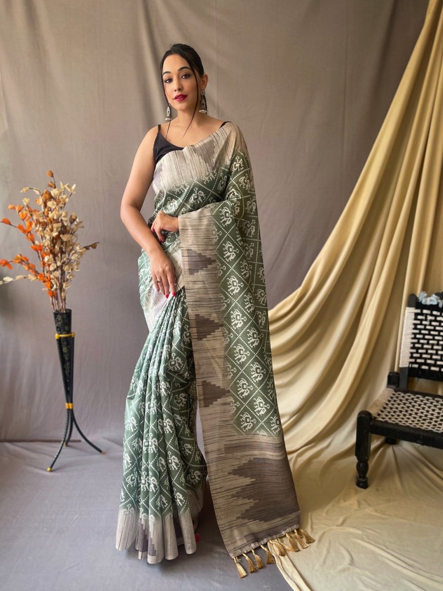 Cotton Silk Patola Printed Temple Woven Saree Mineral Green Clothsvilla