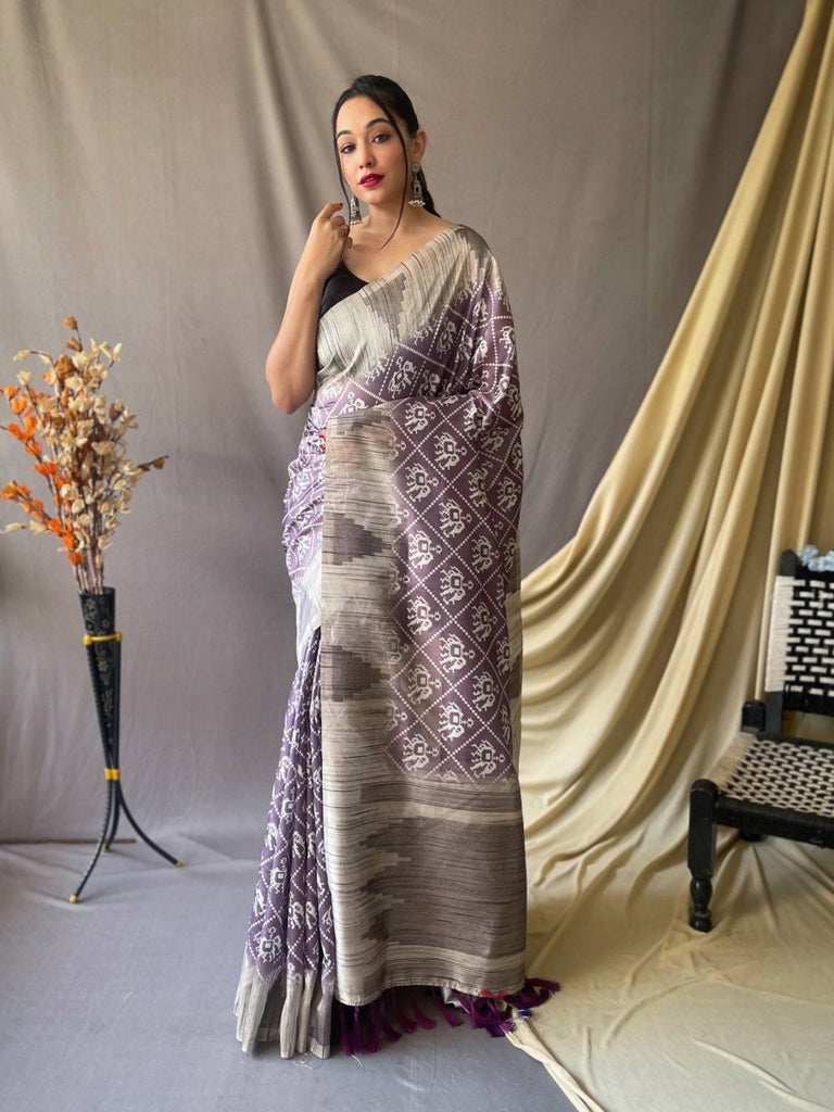 Cotton Silk Patola Printed Temple Woven Saree Faded Purple Clothsvilla
