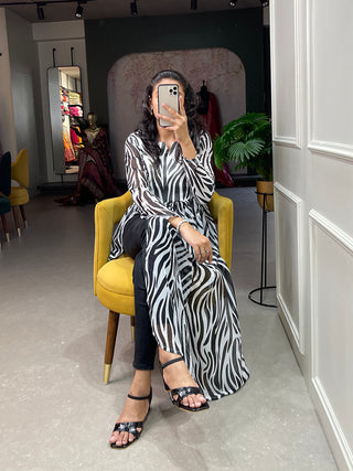 Black and White Animal Print Chiffon Kurti Clothsvilla