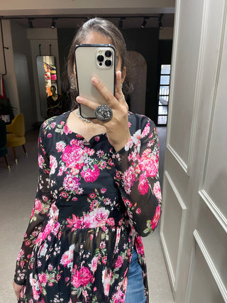 Black Color Floral Printed Chiffon Naira Cut Kurti Clothsvilla