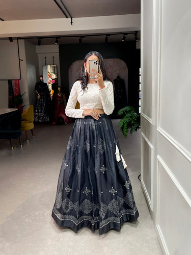 Black Color Digital Print Cora Chex Zari Border Co-Ord Set Lehenga Choli ClothsVilla.com