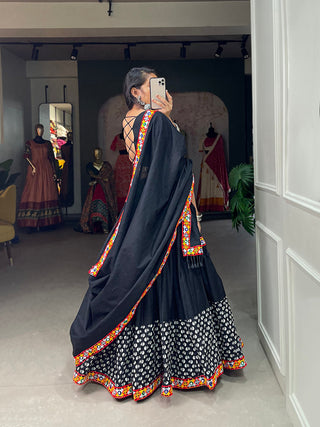 Black Color Printed With Gamthi Work Cotton Lehenga Choli ClothsVilla
