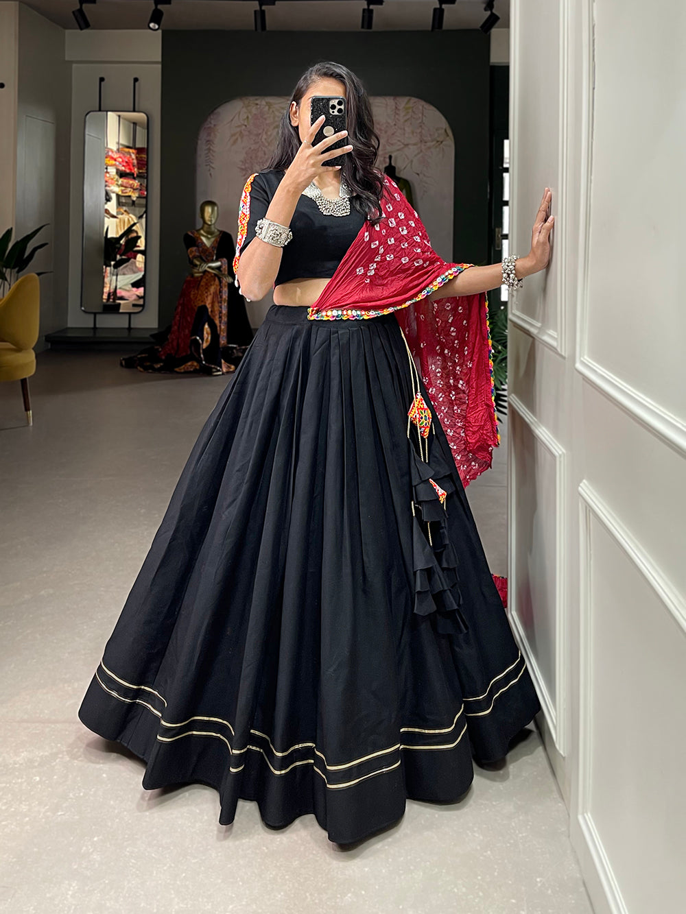 Black Color Plain With Gotta Patti Lace Border Cotton Lehenga Choli ClothsVilla.com