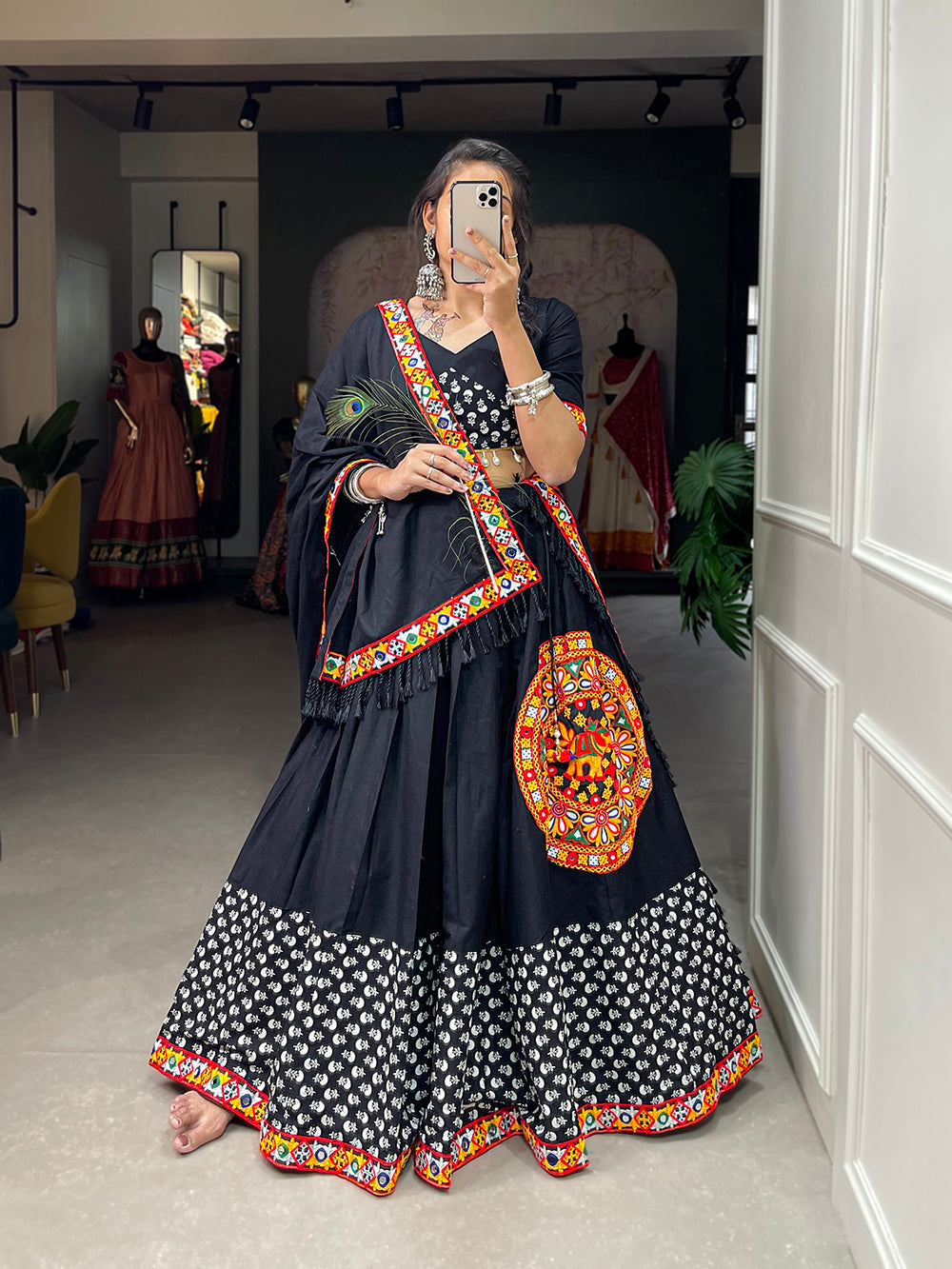 Black Color Printed With Gamthi Work Cotton Lehenga Choli ClothsVilla