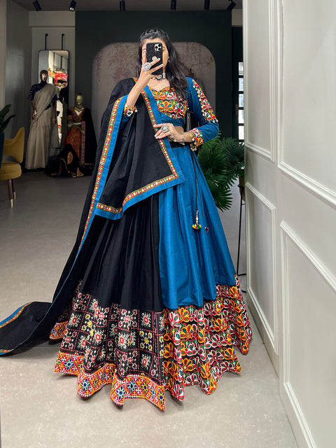 Black Color Plain With Printed Gamthi Work Cotton Navaratri Lehenga Choli ClothsVilla.com Main image