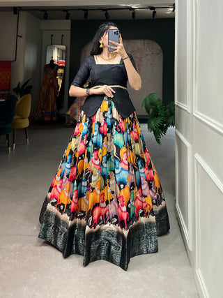 Black Color Digital Print And Zari Weaving Work Dola Silk Lehenga Choli Clothsvilla