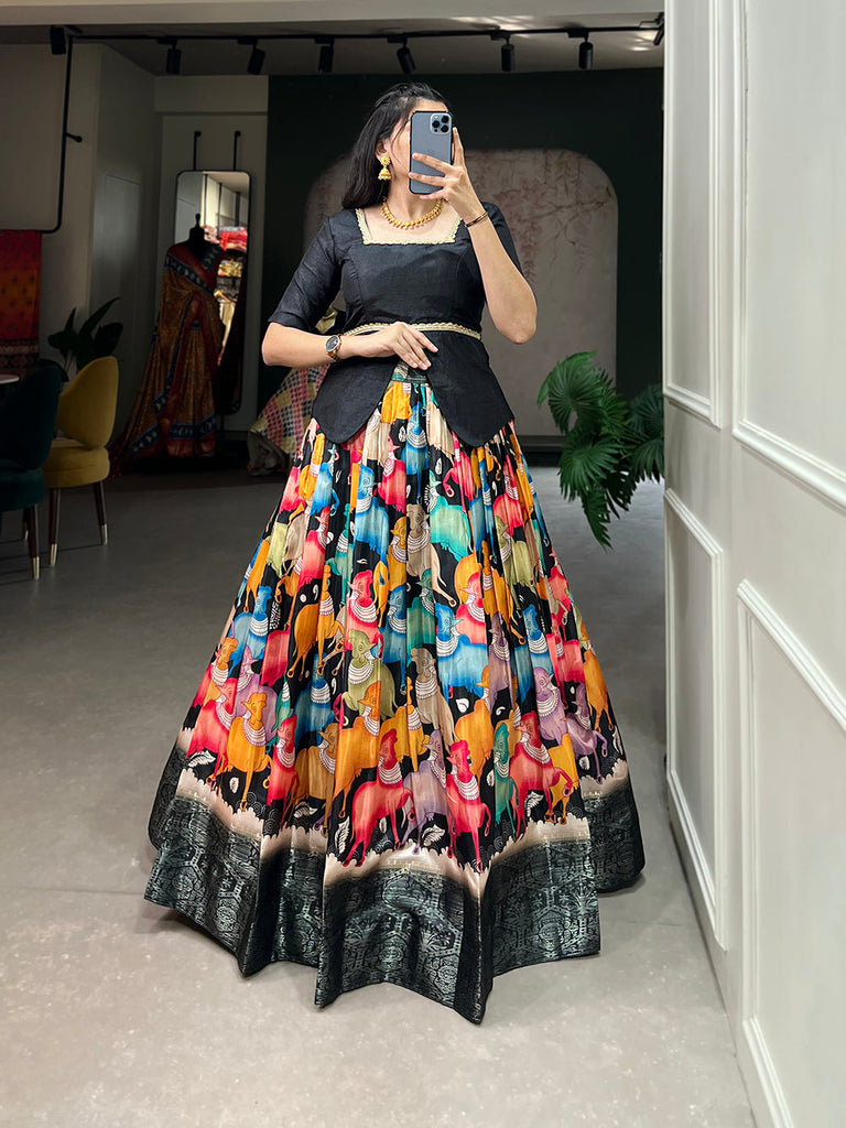 Black Color Digital Print And Zari Weaving Work Dola Silk Lehenga Choli Clothsvilla