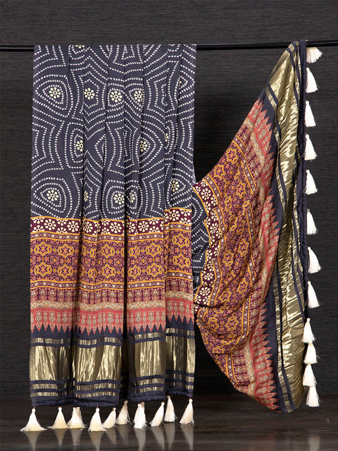 Black Color Digital Printed Pure Gaji Silk Dupatta With Tassels Clothsvilla Main image